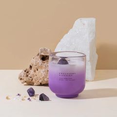 Crystal Energy - U-Glass Candle - Mint Eucalyptus & Moroccan Rose - Set of 2, violet ombre candle with amethyst beside white crystal