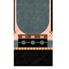 Geometric patterned rug with a mix of colors on a white background