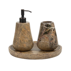 Reen Brown Dispenser Set - Three-Piece Set Cut-Out, Brown Veined Marble with Black Pump