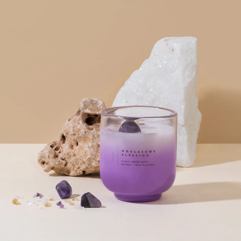 Wholesome Blessing Candle - Crystal Energy - Amethyst, violet ombre glass with amethyst beside white crystal and rock