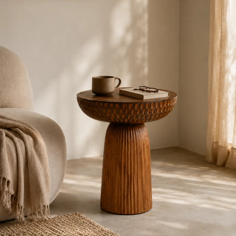Mova End Table in teak wood with carved dimpled top and reeded base beside a cream armchair