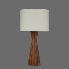 Designer Tern Table Lamp with wooden base and white shade on a gray background