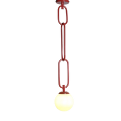 Close look of red ceiling light fixture in the shape of interconnected torus chain links with a white glass diffuser at the bottom.