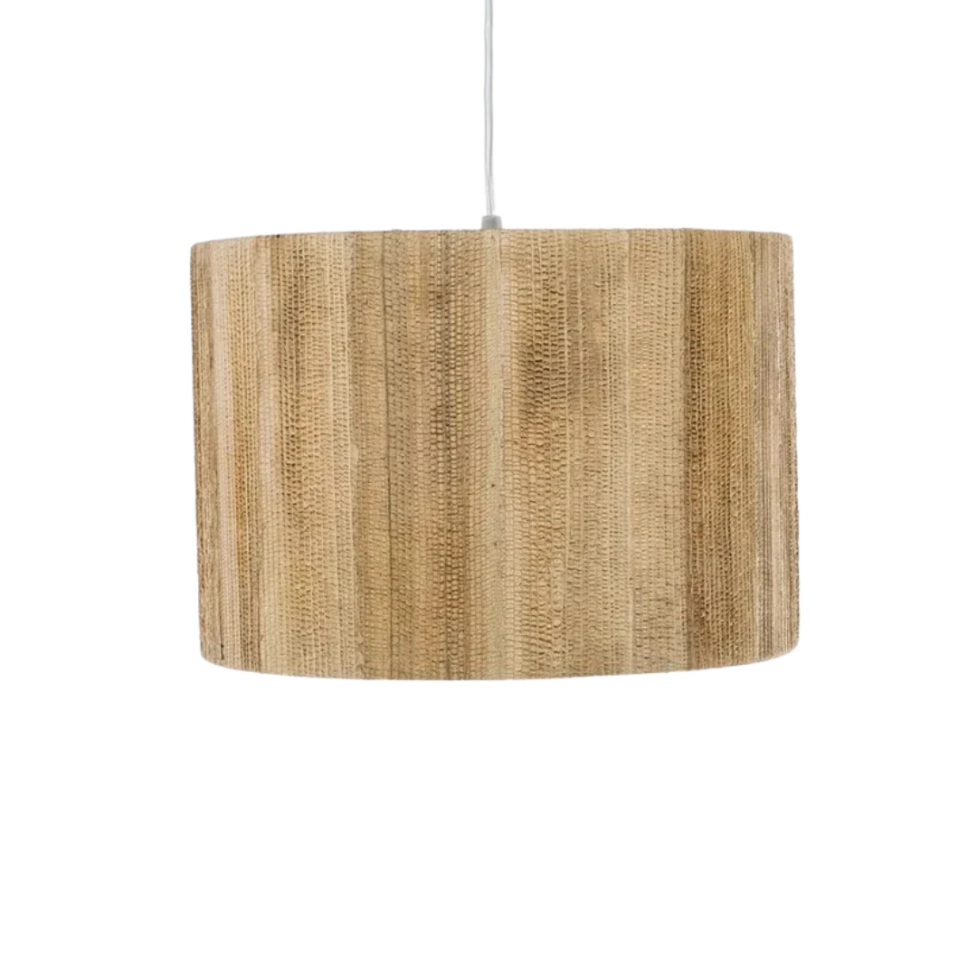 Pendant lamp crafted with banana bark looks like a hanging wooden lampshade