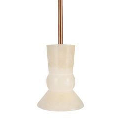 Close look of pendant light with a white alabaster shade and a rose gold-colored metal stem.