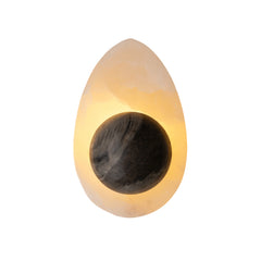 Close up of alabaster wall light and steel base detail. Avo Wall Sconce Design by LBH