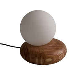 Table lamp with wooden base and white glass spherical shade 