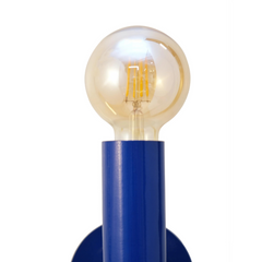 Close-up of glossy blue iron finish Blue Pop wall light and Bulb