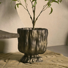 Decorative pot with a plant on a textured surface against a neutral wall