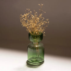 A sage green tinted glass vase with a wide flared top and rounded base, holding dried beige flower stems, photographed on a white surface.