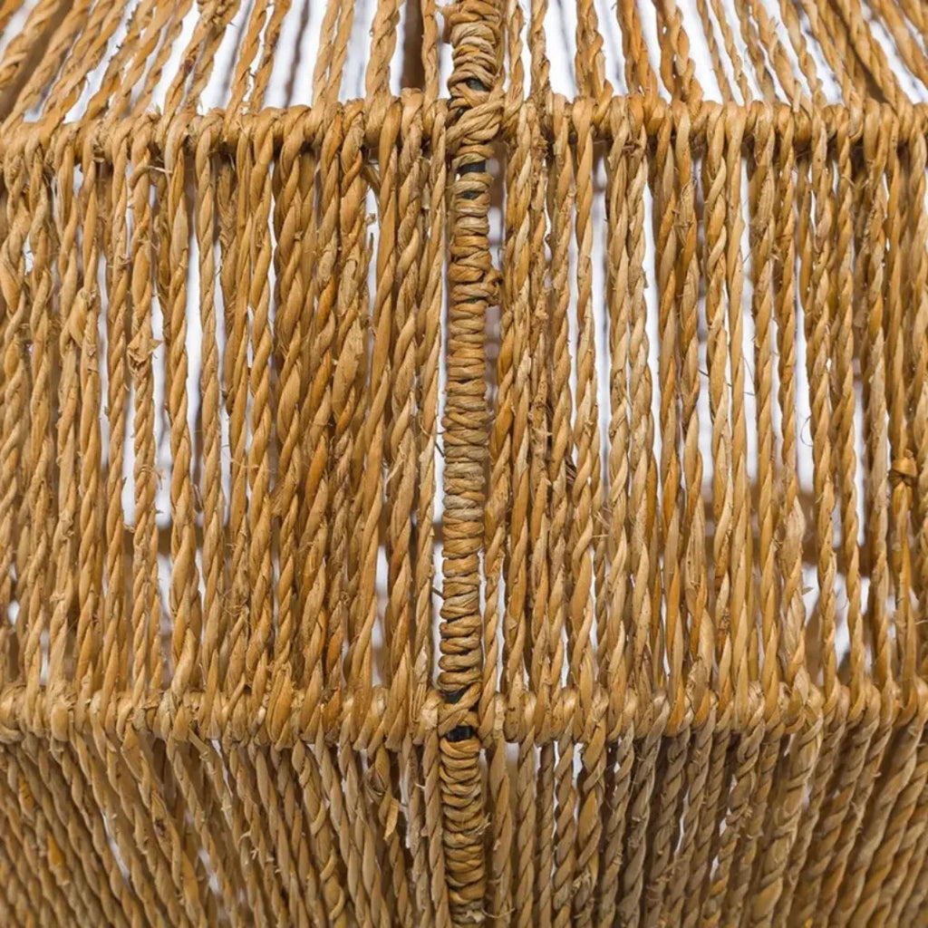 Close-up of a woven brown hanging lampshade