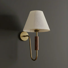 Wall-mounted Resort Wood Elegance Wall Lamp with a beige shade and wooden base on a dark gray wall