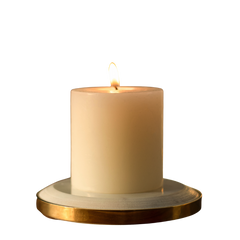 A single candle placed on Yang Candle Plate made of white marble with a brass gold finish.
