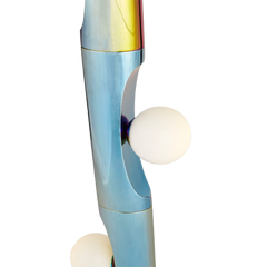 Unique Notch floor lamp with a rainbow-colored design pole and round opal glass