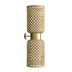 Mianzi wall-mounted bamboo lamp with a geometric pattern, featuring a matte black ceiling cap and a golden brass finish.