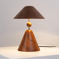 Wooden Nuit Table Lamp with a brown canonical shade on a light gray surface.