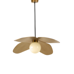 A contemporary pendant lamp with a gold-colored flower-shaped shade and a central white opal glass light bulb.