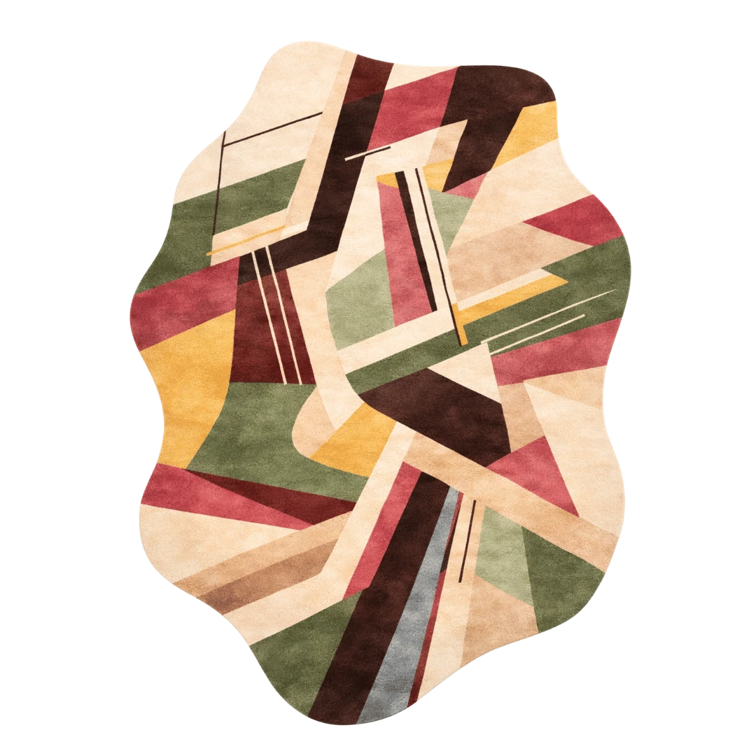 Geometric patterned rug with multicolor design on a white background