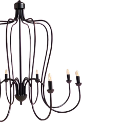 Black chandelier with multiple candle-style light fixtures