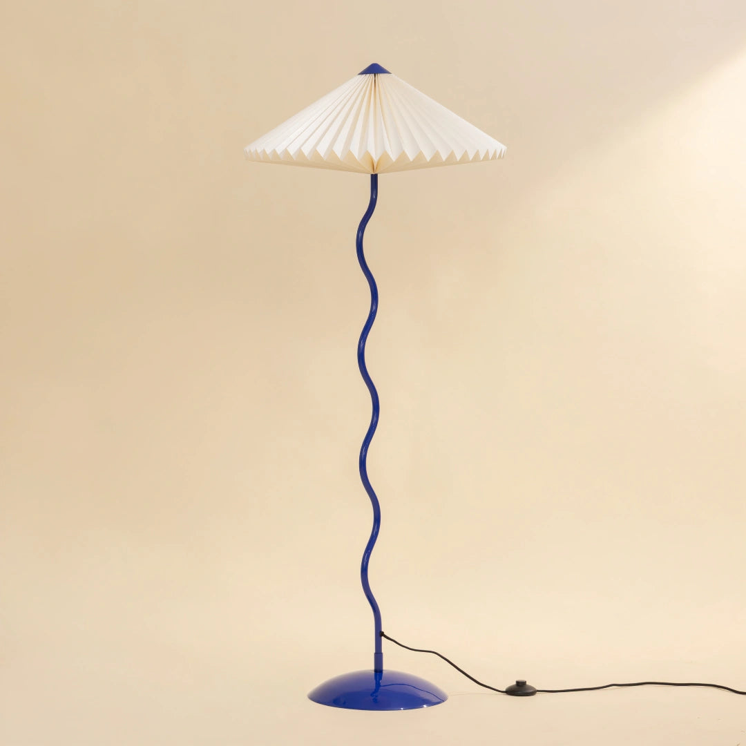 Wavy Floor lamp with white hand-pleated paper shade in cobalt blue stand