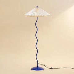 Wavy Floor lamp with white hand-pleated paper shade in cobalt blue stand
