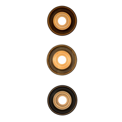Stacked view of Discus wall lights set — natural ash, dark teak, and black wood finishes side by side