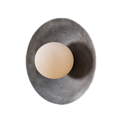 Designer Sea Wall Light, featuring crescent-shaped brass or metal frames cradling an opal glass diffuser 