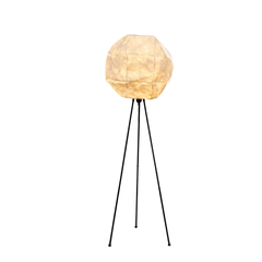Luna floor lamp with a tripod base and a spherical lampshade, with warm ambient light