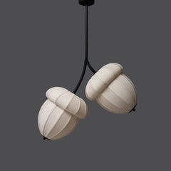 Modern pendant light with two white lampshades in acorn shape