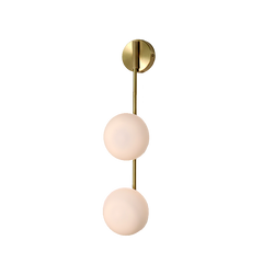 A wall-mounted link wall sconce with Single-Arm Brass Wall Lamp and two spherical glass light covers.