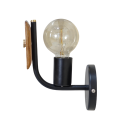 A wall-mounted Lodge Wooden Wall Sconce with a black finish, featuring an edison-style bulb and teak wood accents.
