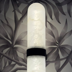 Close-up of Wall Sconce showing cylindrical alabaster diffuser 4-inch diameter and powder-coated steel mount