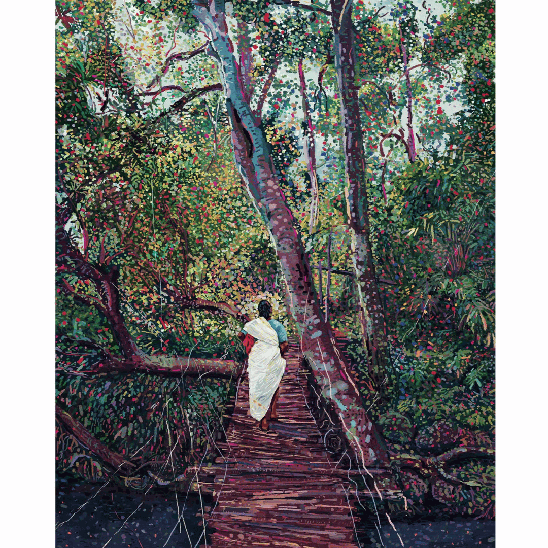 Fine-art Print of Namrata Kumar shows a woman walking on a bridge with herb-laden gardens on both sides.