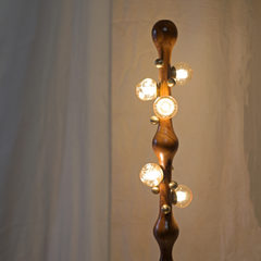 A modern sculptural stem floor lamp with a dark brown wooden base featuring organic, bulbous curves and multiple clear glass globe bulbs with warm glowing light.