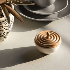 Ripple Container, small storage container with handcrafted white marble base and a natural wood lid.
