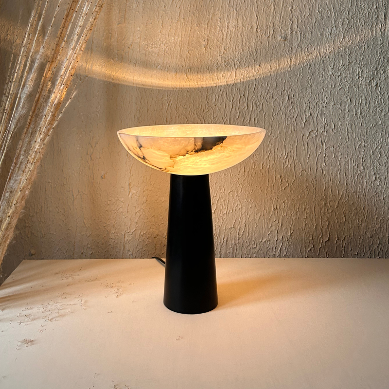 Luxury Table Lamp made of White Alabaster Stone and Matte Black Stainless Steel