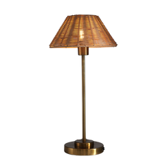 Natural Cane Table Lamp with woven shade and brass base, warm ambient light
