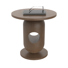 A modern round side table with a medium brown wood grain finish, featuring a cylindrical pedestal base with a circular cutout and a matching round base. A black spiral notebook and wire glasses are placed on top, set against a plain white background.