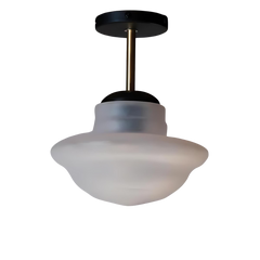 A ceiling-mounted lamp with a frosted white glass shade and a black and brass body, with visible wiring and mounting hardware.