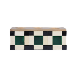 Checkered rectangular Blade of Grass Candle Holder with green and beige squares on a white background