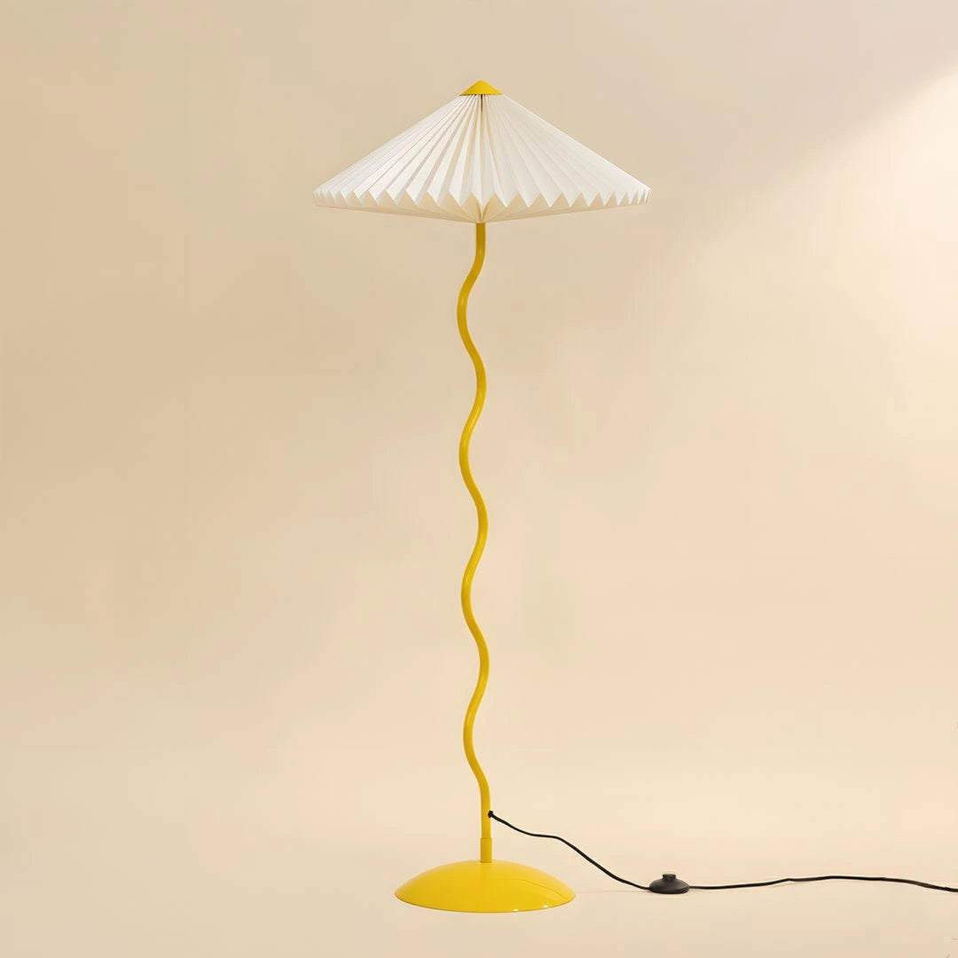 Wavy Floor Lamp - Yellow full view showing its white hand-pleated paper shade in butter yellow stand