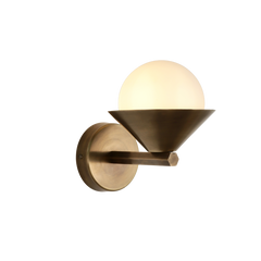 A handcrafted cone wall sconce made of brass with a spherical light cover