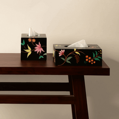 2 Black Beauty Tissue Box holders with hand-painted floral designs.