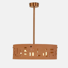 A cylindrical terracotta chandelier with cut-out patterns, suspended from a ceiling rod and canopy.