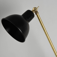 Black lampshade with a gold arm on a gray background