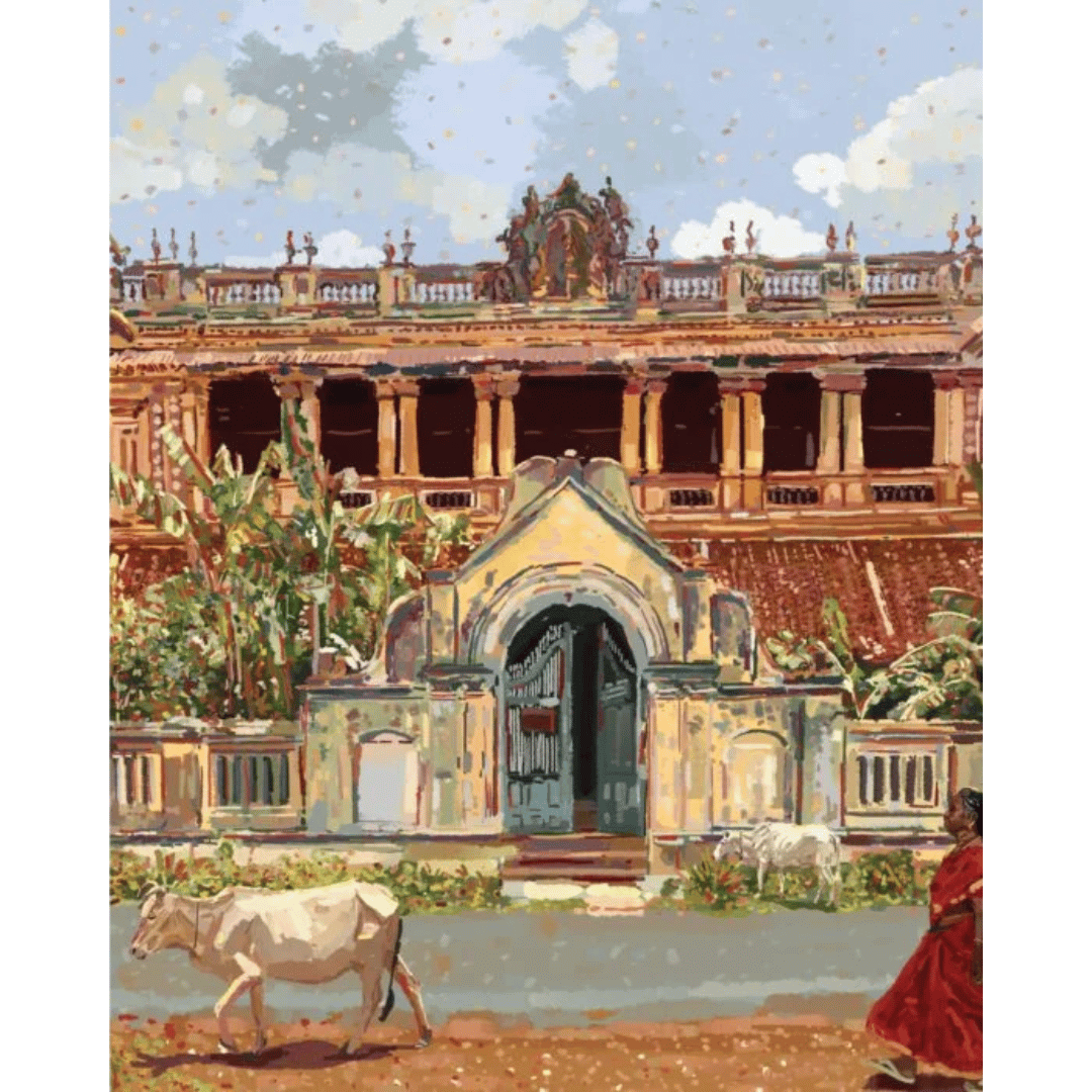 A painting depicting a traditional Indian house with a cow in the foreground, set against a backdrop of a large, old building with intricate architectural details.