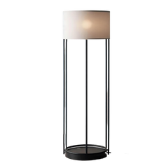 A floor lamp with a minimalist black metal frame and a beige cylindrical fabric shade.