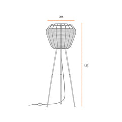 Line drawing of a tripod floor lamp with dimensions 