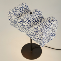 Wave Table Lamp, top view of ceramic shade in blue and white lines 