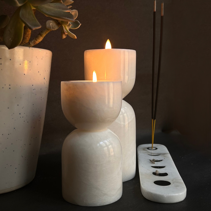 Set of Premium Quality Handcrafted White Alabaster Candle Holders